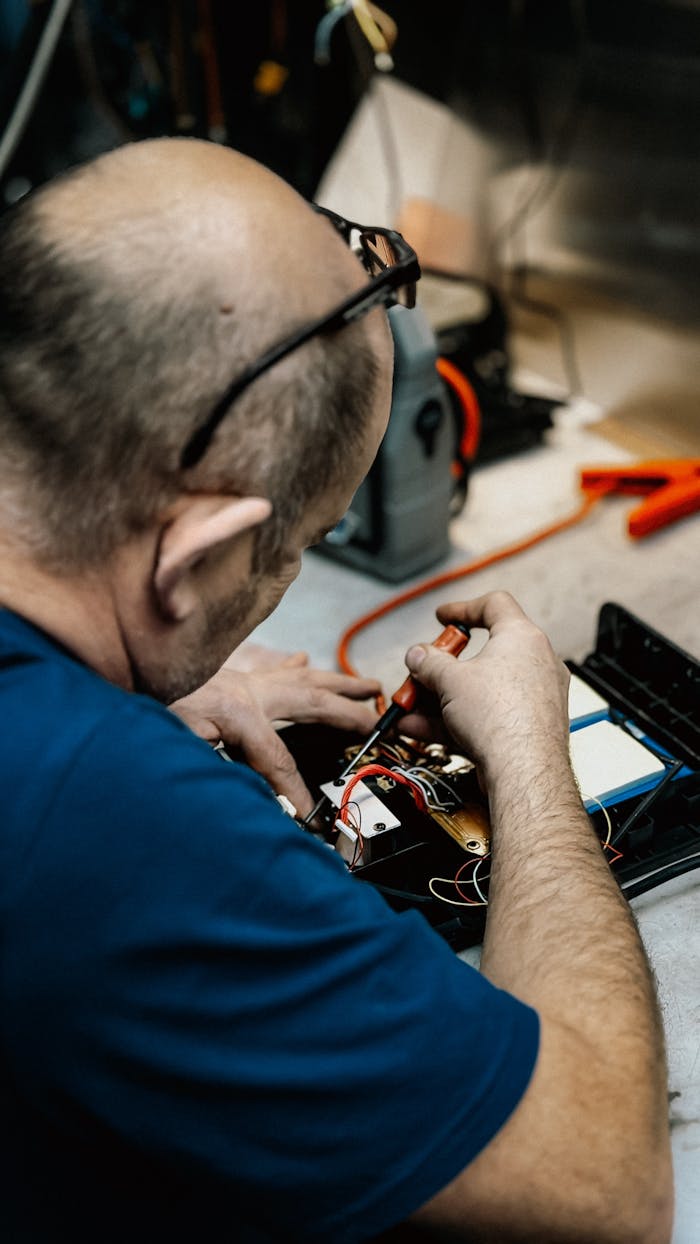 Services-01 Close-up of a man repairing electronics, focusing on detail work with precision tools.
