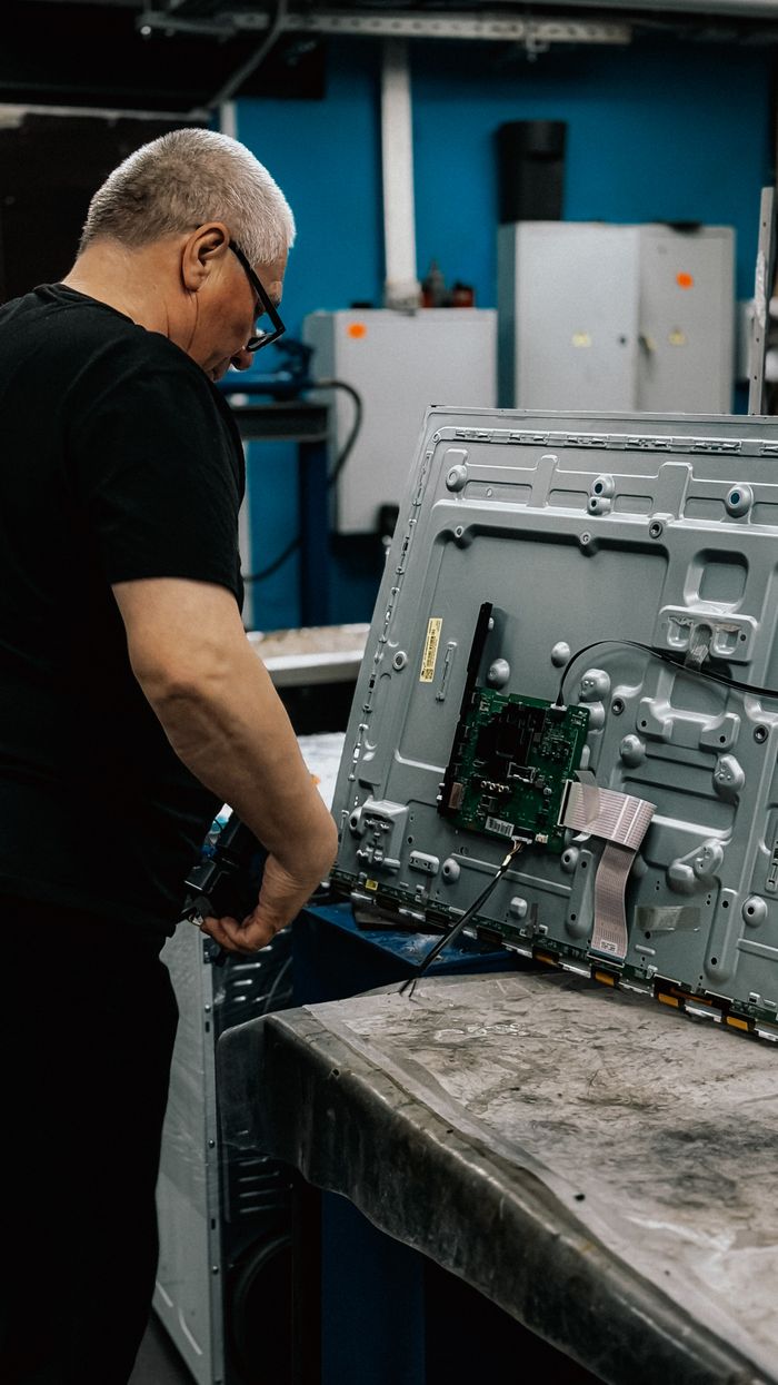 An experienced technician working on electronics repair inside a modern workshop.