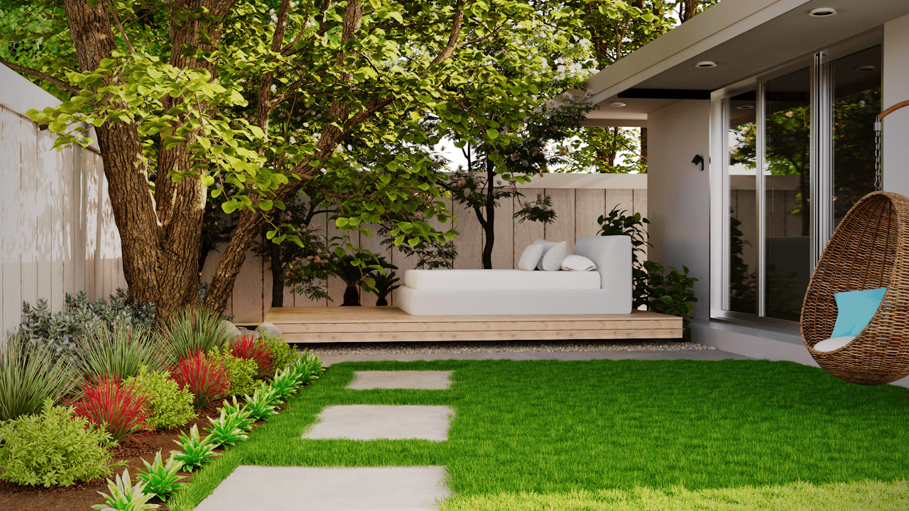 gallery-06 A serene outdoor patio with lush garden, wooden decking, and hammock seating.