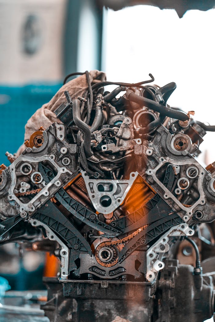 contact-img Car engine with various metal details placed on workbench in modern repair service